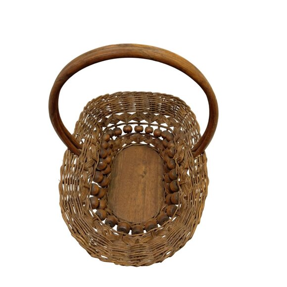 Large Vintage Willow Wicker Wood Bead Basket Handmade Rattan 16 inch - Picture 5 of 9